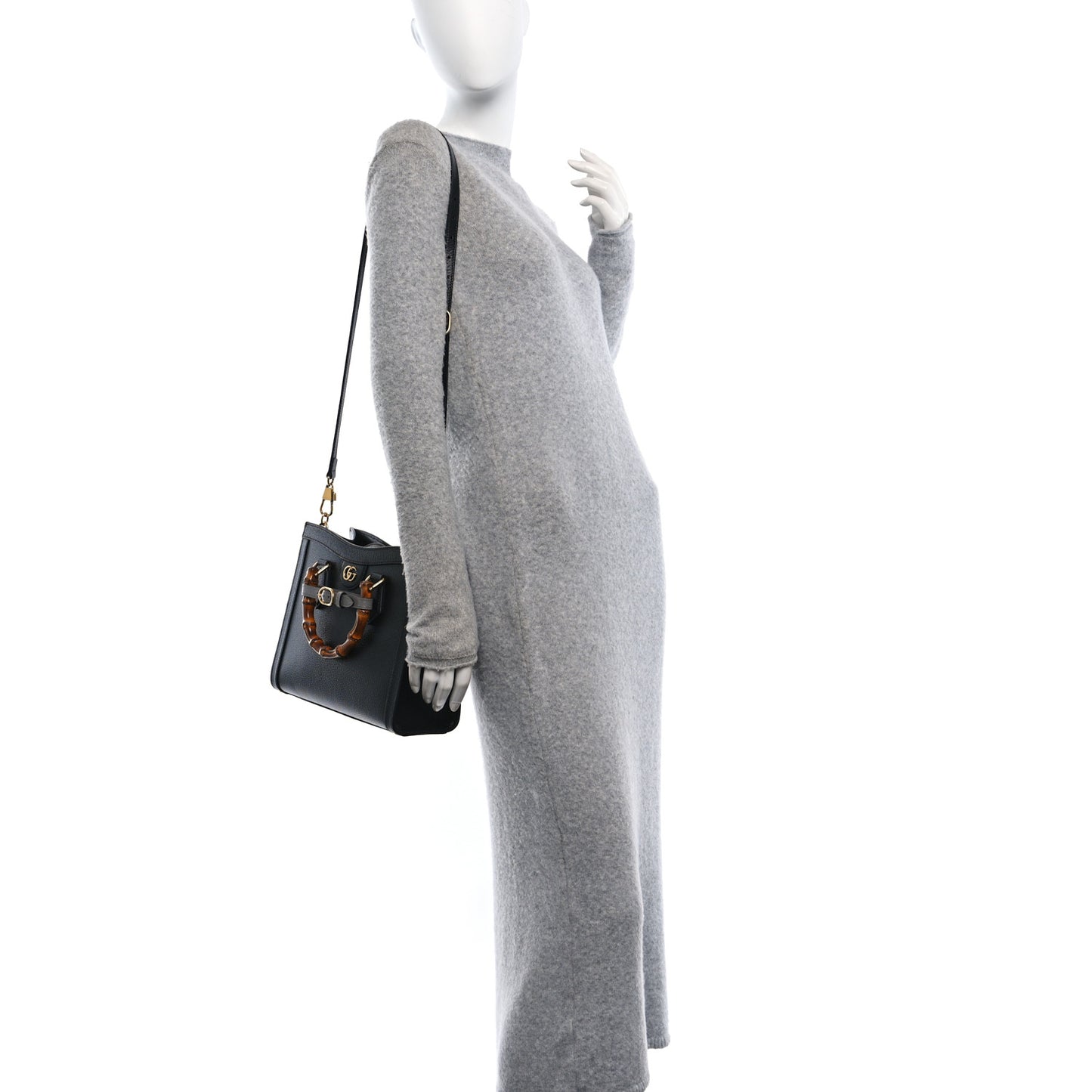 Textured Dollar Calfskin Web Small Diana Tote Bag Black Dusty Grey
