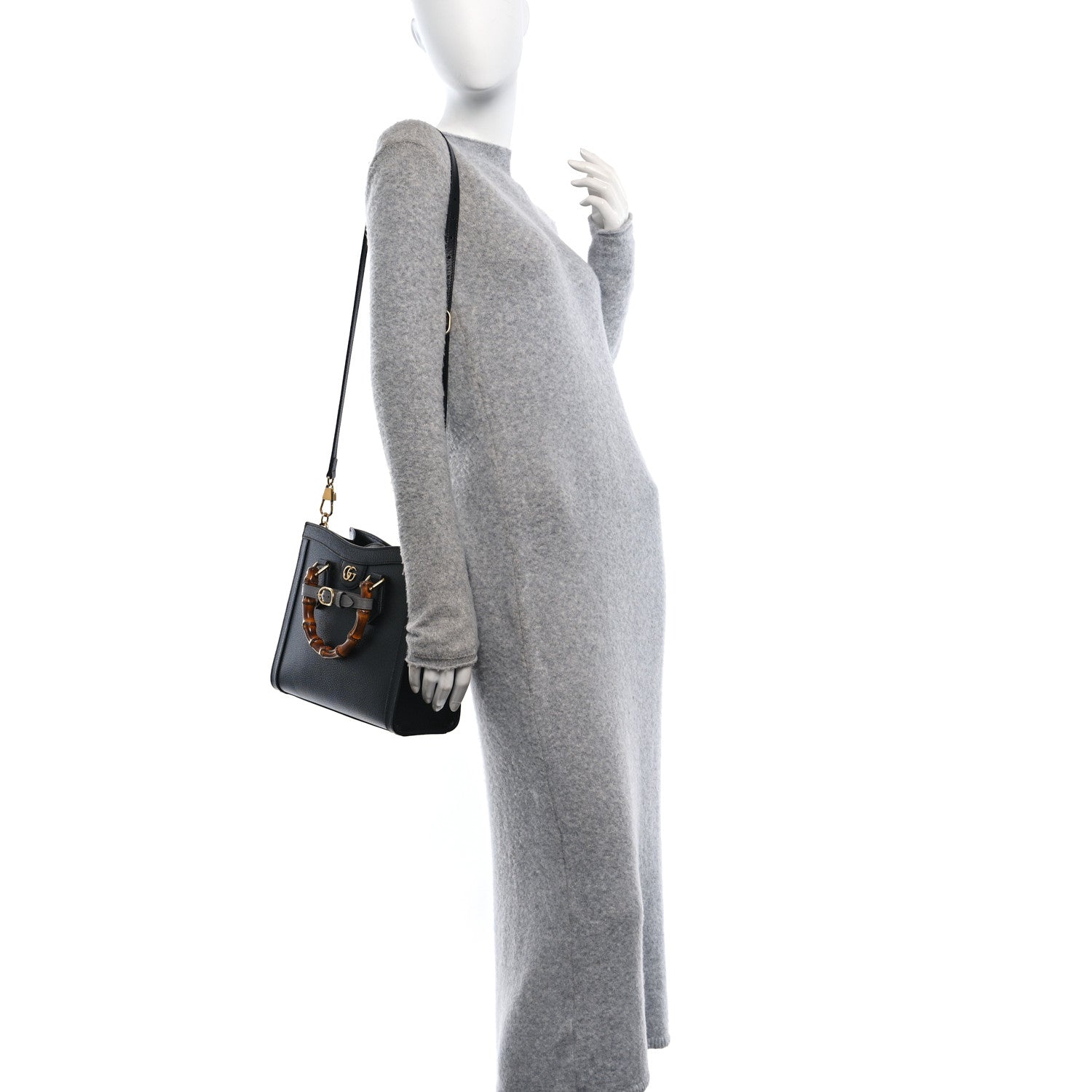 Gucci Textured Dollar Calfskin Web Small Diana Tote Bag Black Dusty Grey 2 of 10