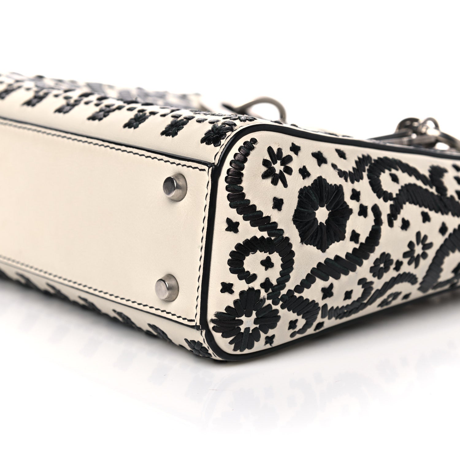 Christian Dior Calfskin Floral Embroidered Mini Lady Dior Black White 9 of 17