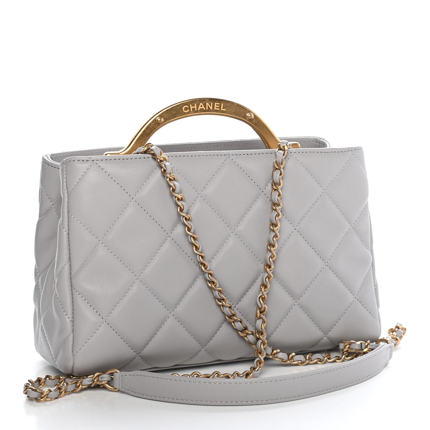 Calfskin Quilted Lady Handle Clutch Tote Grey