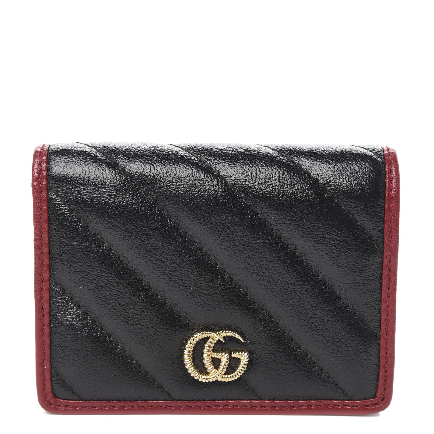 Vintage Effect Calfskin Matelasse Diagonal Torchon GG Marmont Card Case Wallet Black Romantic Cherry