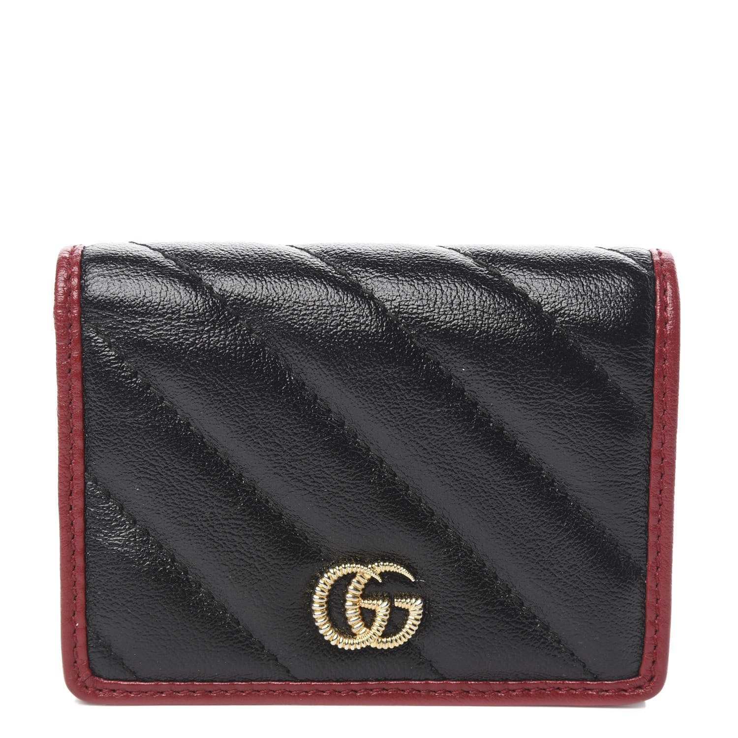 Gucci Vintage Effect Calfskin Matelasse Diagonal Torchon GG Marmont Card Case Wallet Black Romantic Cherry 1 of 8