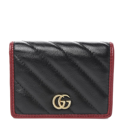 Gucci Vintage Effect Calfskin Matelasse Diagonal Torchon GG Marmont Card Case Wallet Black Romantic Cherry 1 of 8