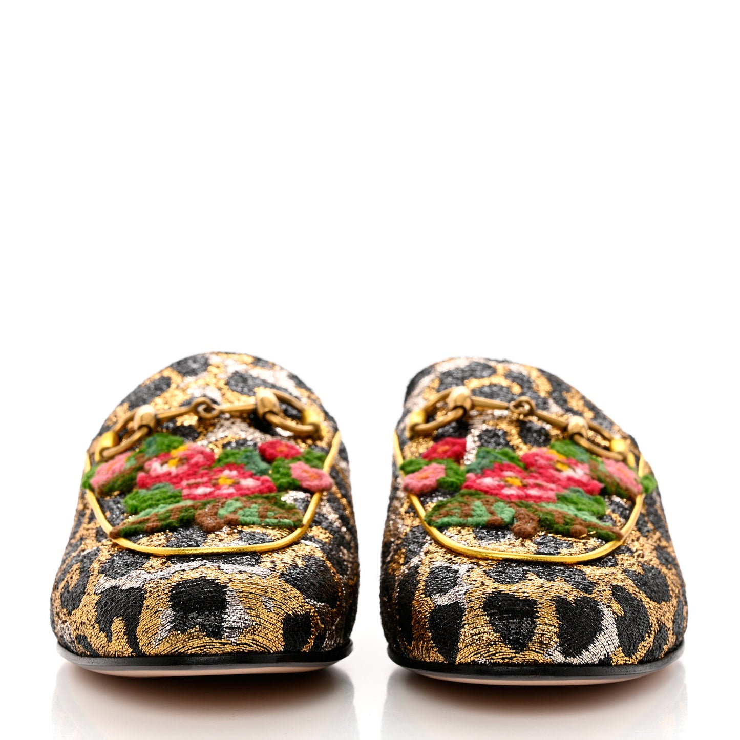 Lurex Jacquard Leopard Embroidered Womens Princetown Slippers 36 Black Gold