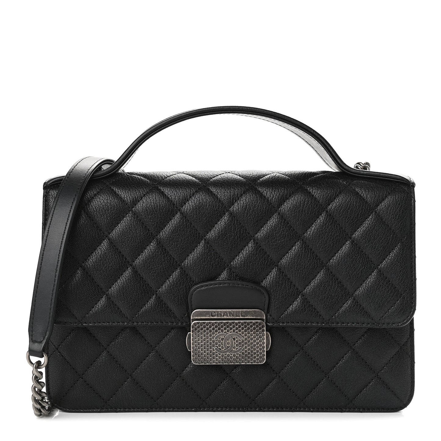 Goatskin Quilted Small CC University Top Handle Flap Black