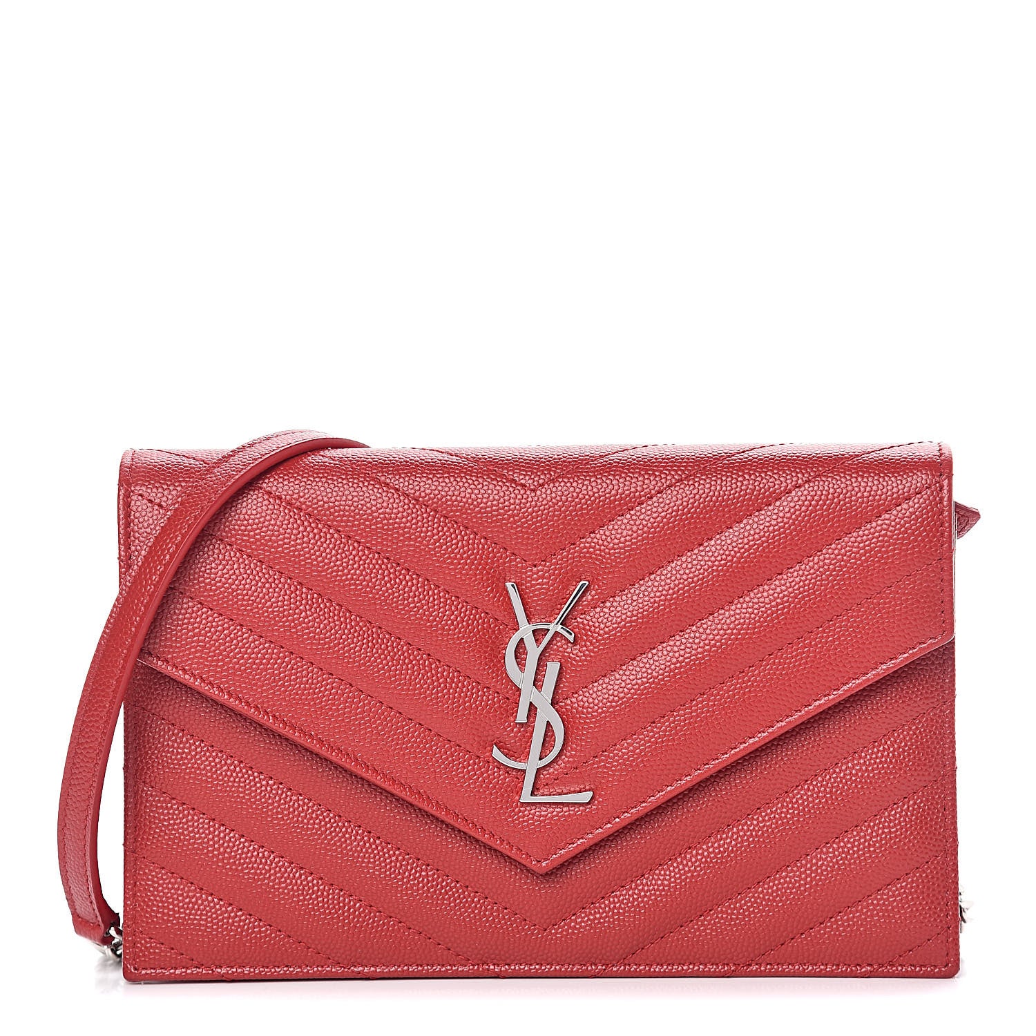 Saint Laurent Grain De Poudre Matelasse Chevron Monogram Envelope Chain Wallet New Red 1 of 9