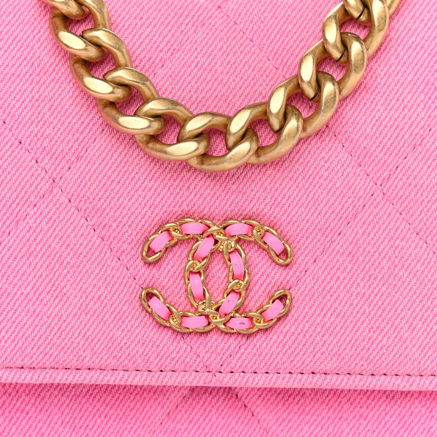 Denim Quilted Chanel 19 Wallet On Chain WOC Neon Pink