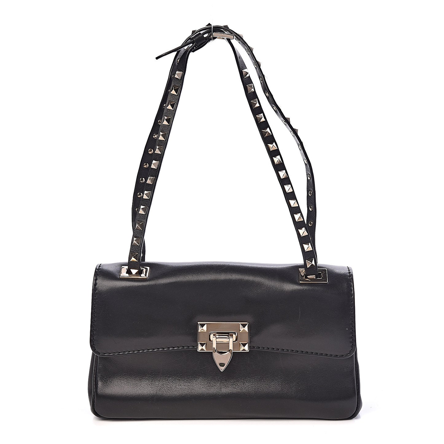 Vitello Rockstud Flip Lock Shoulder Flap Bag Black