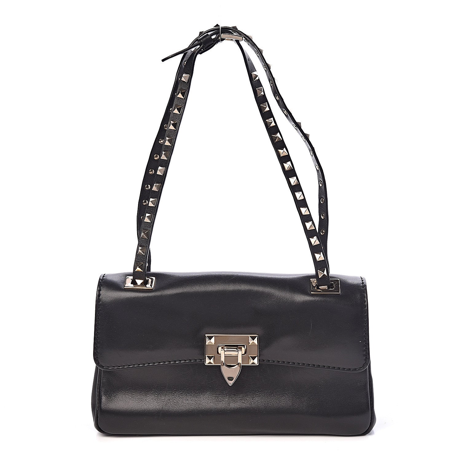 Valentino Garavani Vitello Rockstud Flip Lock Shoulder Flap Bag Black 1 of 9