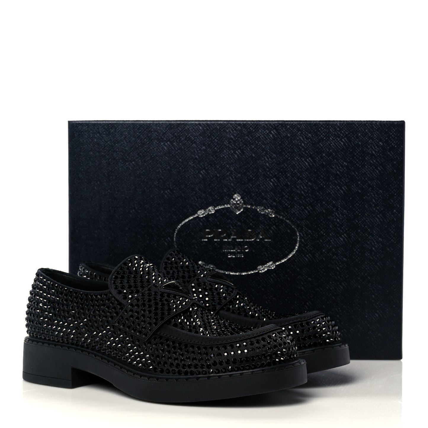 Satin Crystal Metal Triangle Logo Mens Loafers 7 Black