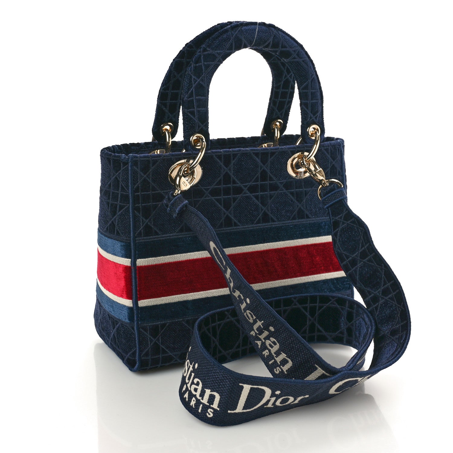 Christian Dior Velvet Cannage Medium Lady D-Lite Blue Red White 3 of 9