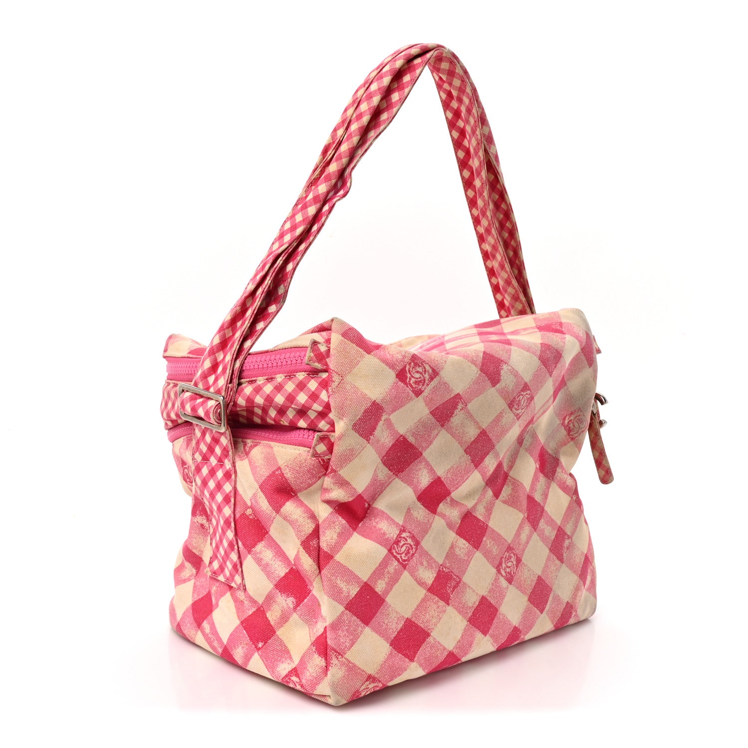 Chanel Canvas Gingham Printed CC Lunch Box Bag Pink White 3 of 16