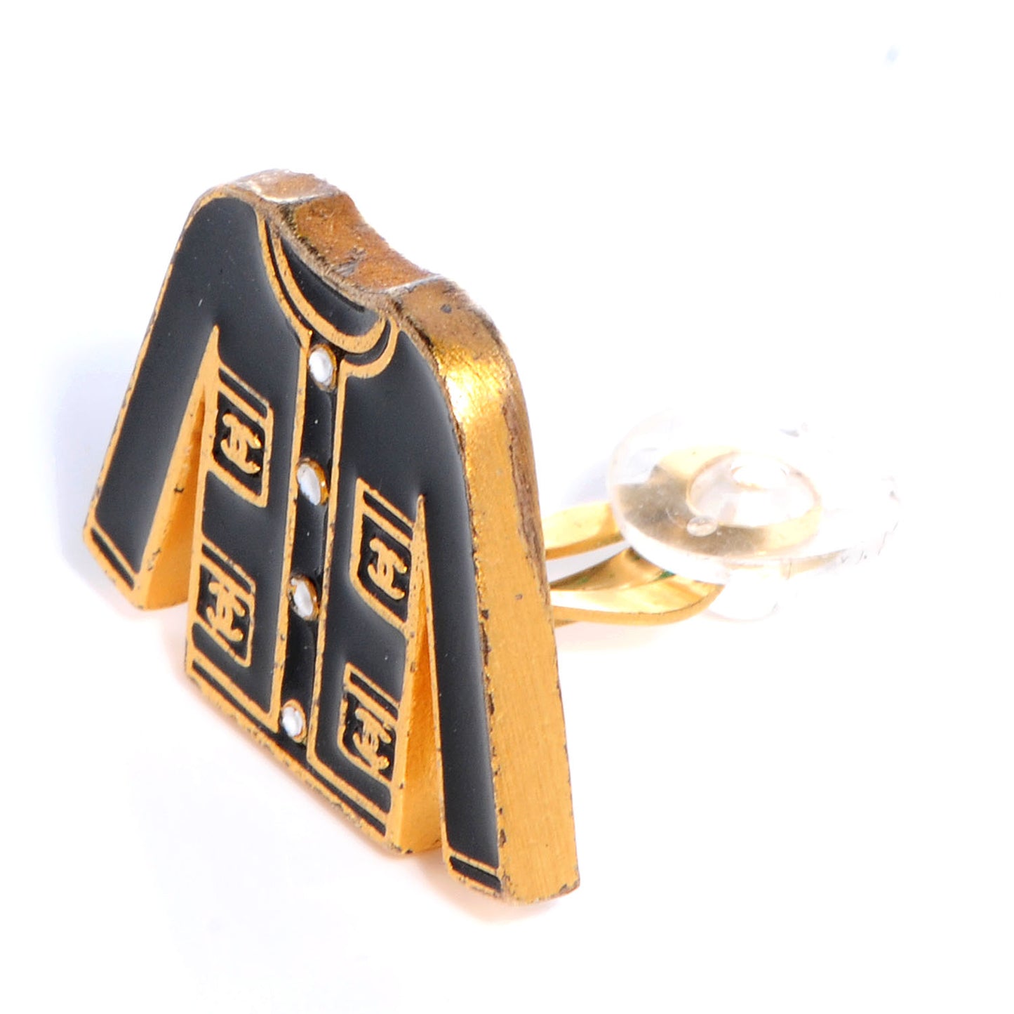 Enamel CC Jacket Clip On Earrings Black Gold