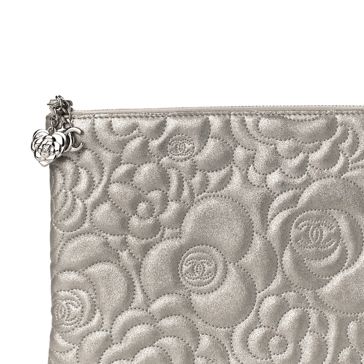 Goatskin Camellia Stitched Medium Cosmetic Case Silver