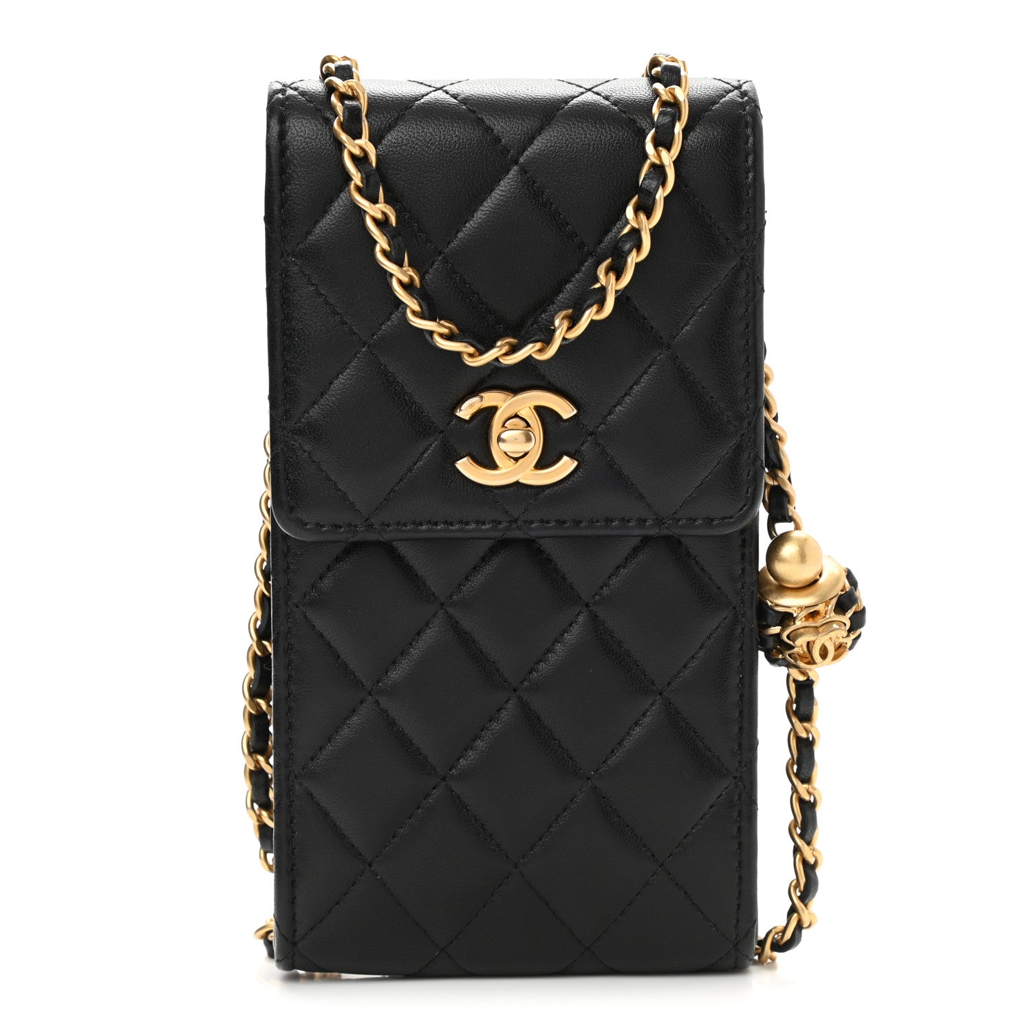 Chanel Lambskin Quilted Pearl Crush Phone Holder With Chain Black 1 of 12