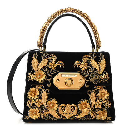 Dolce & Gabbana Velvet Floral Embellished Welcome Satchel Black Gold 1 of 10