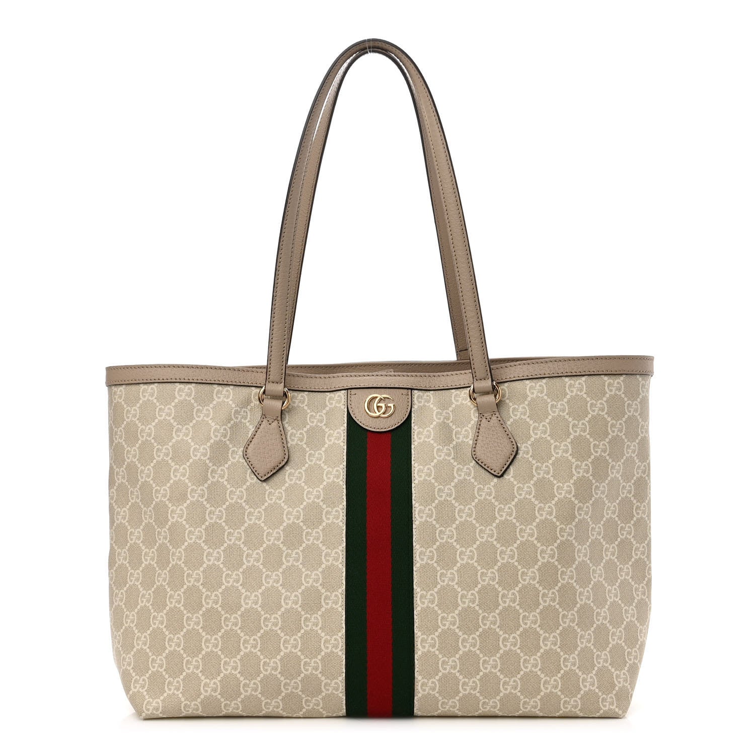 Gucci GG Supreme Monogram Textured Dollar Calfskin Web Medium Ophidia Shopping Tote Beige Mystic White Oatmeal 1 of 11