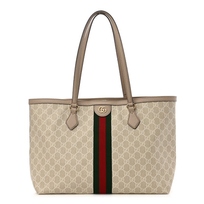 Gucci GG Supreme Monogram Textured Dollar Calfskin Web Medium Ophidia Shopping Tote Beige Mystic White Oatmeal 1 of 11