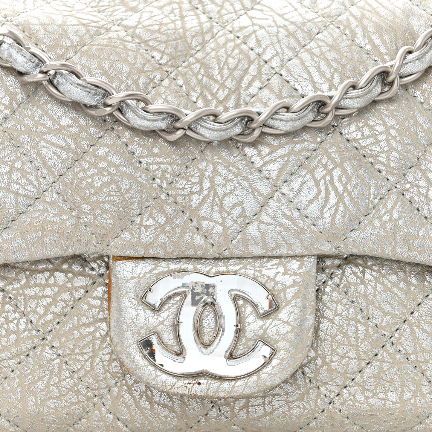 Calfskin Mirror CC Crackled Flap Silver