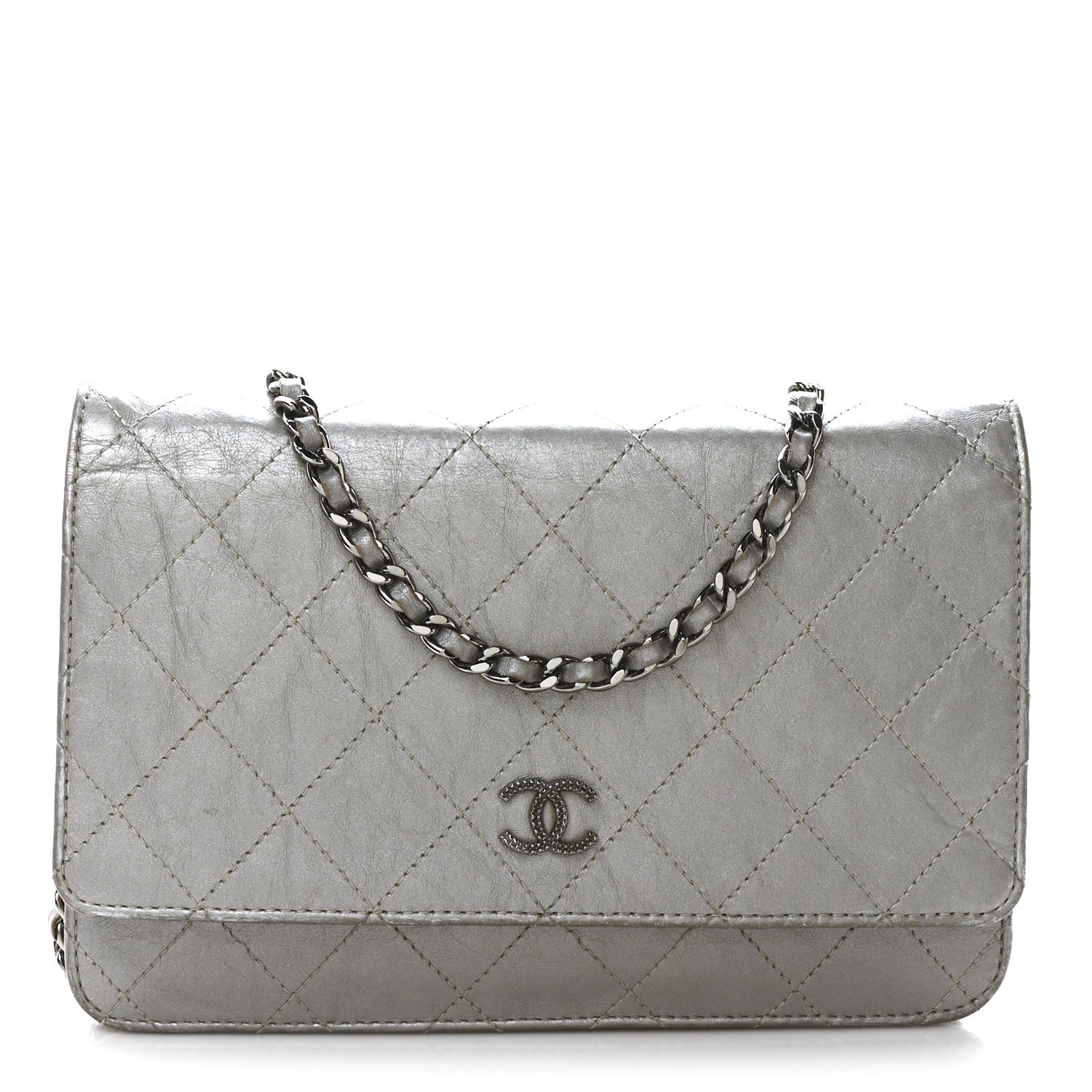 Metallic Aged Calfskin Quilted Wallet on Chain WOC Silver