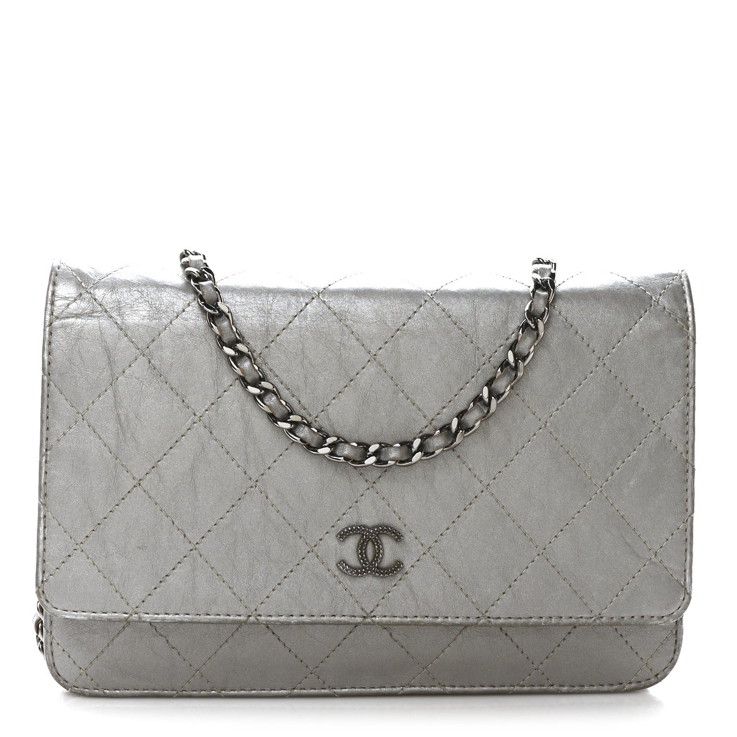 Chanel Metallic Aged Calfskin Quilted Wallet on Chain WOC Silver 1 of 12