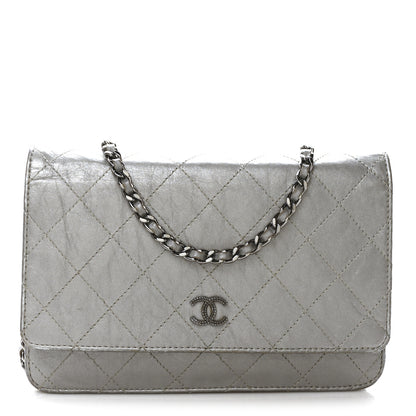 Chanel Metallic Aged Calfskin Quilted Wallet on Chain WOC Silver 1 of 12