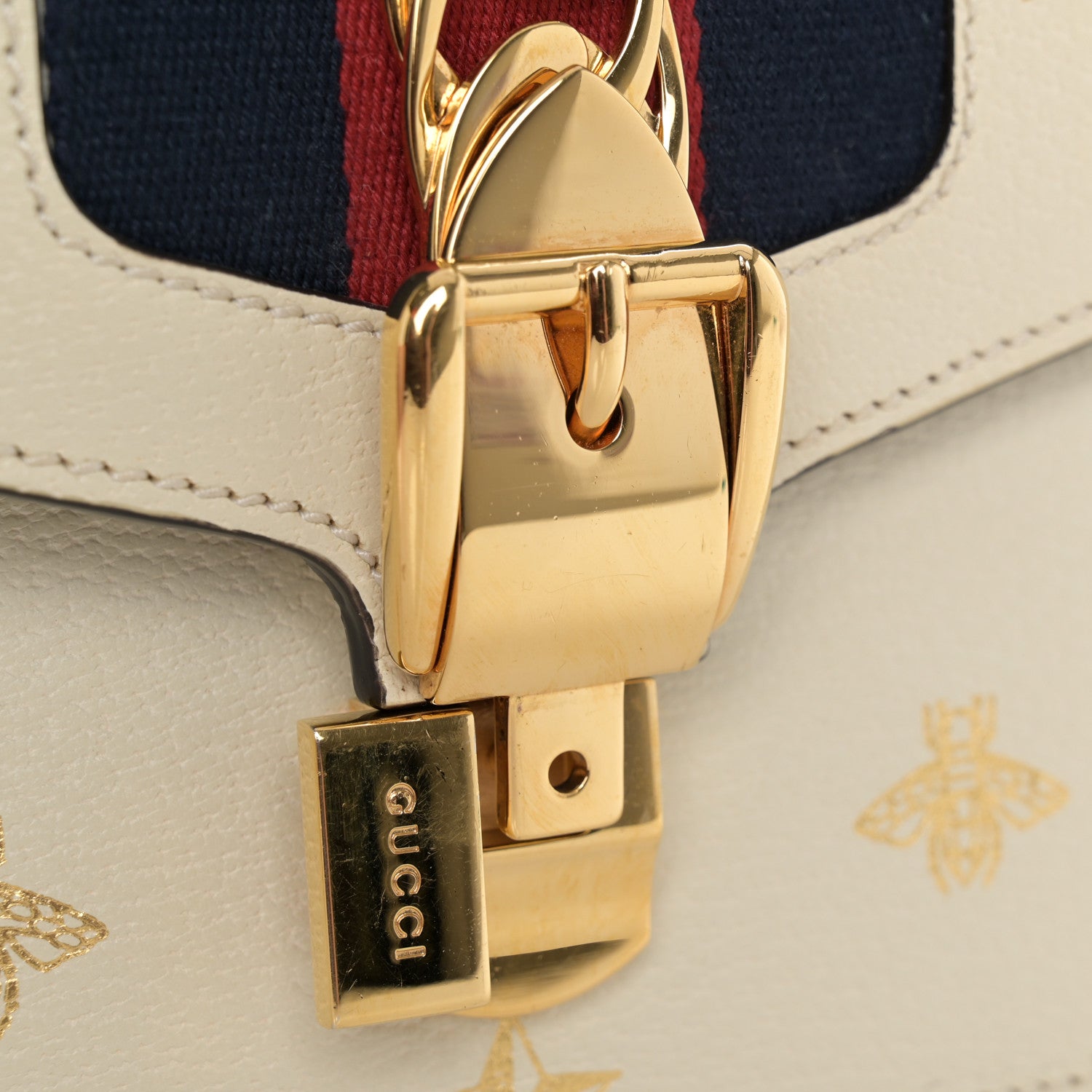 Gucci Textured Calfskin Bee Star Print Small Sylvie Shoulder Bag Mystic White 11 of 12