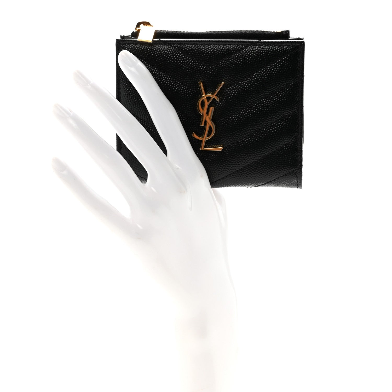 Saint Laurent Grain De Poudre Matelasse Chevron Monogram Zipped Two-Part Wallet Black 2 of 7