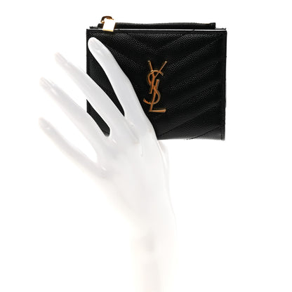 Saint Laurent Grain De Poudre Matelasse Chevron Monogram Zipped Two-Part Wallet Black 2 of 7