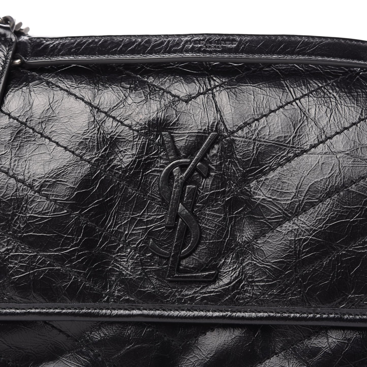 Crinkled Calfskin Matelasse Monogram Medium Niki Chain Satchel Black