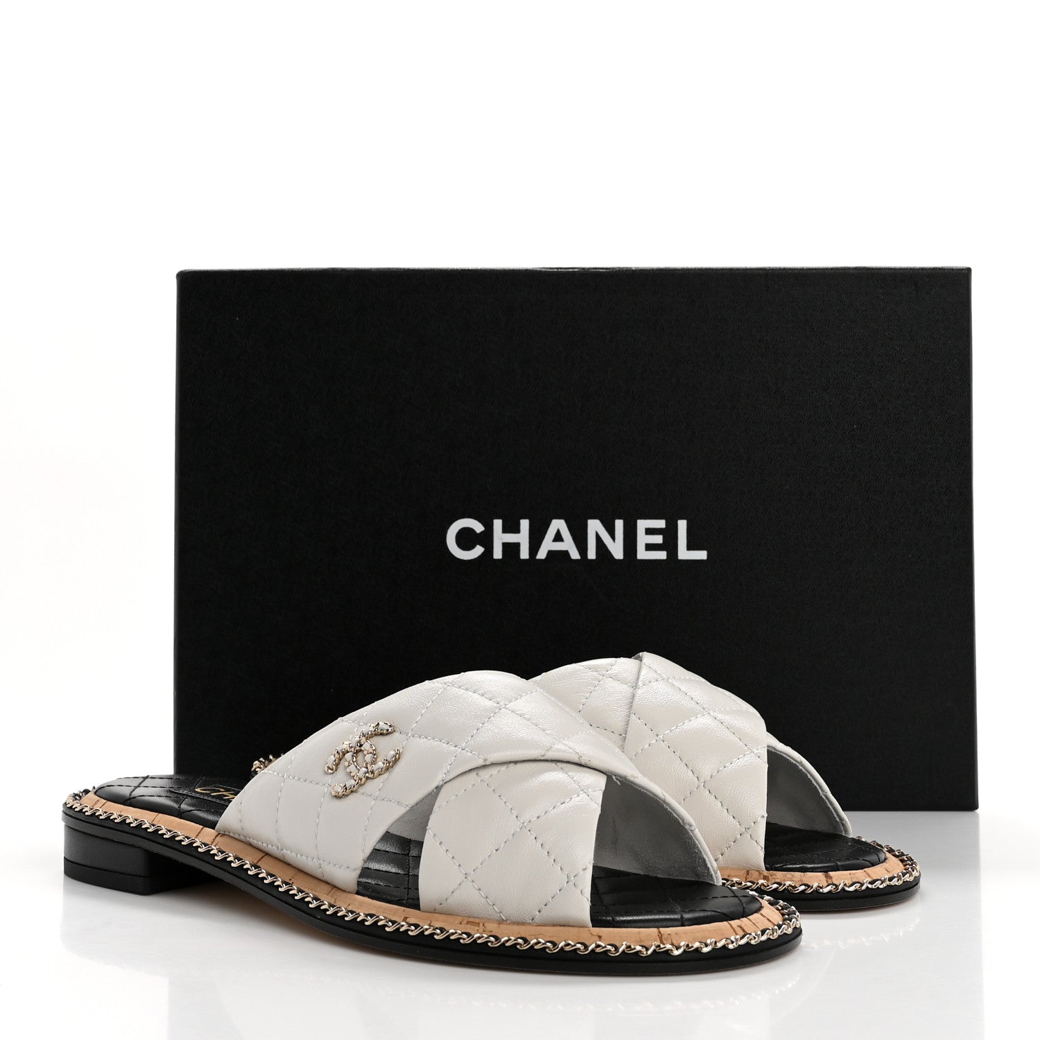 Chanel Lambskin Quilted Chain CC Sandals 37.5 White 10 of 10