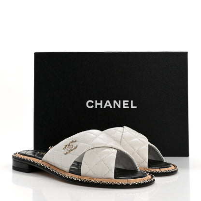 Chanel Lambskin Quilted Chain CC Sandals 37.5 White 10 of 10