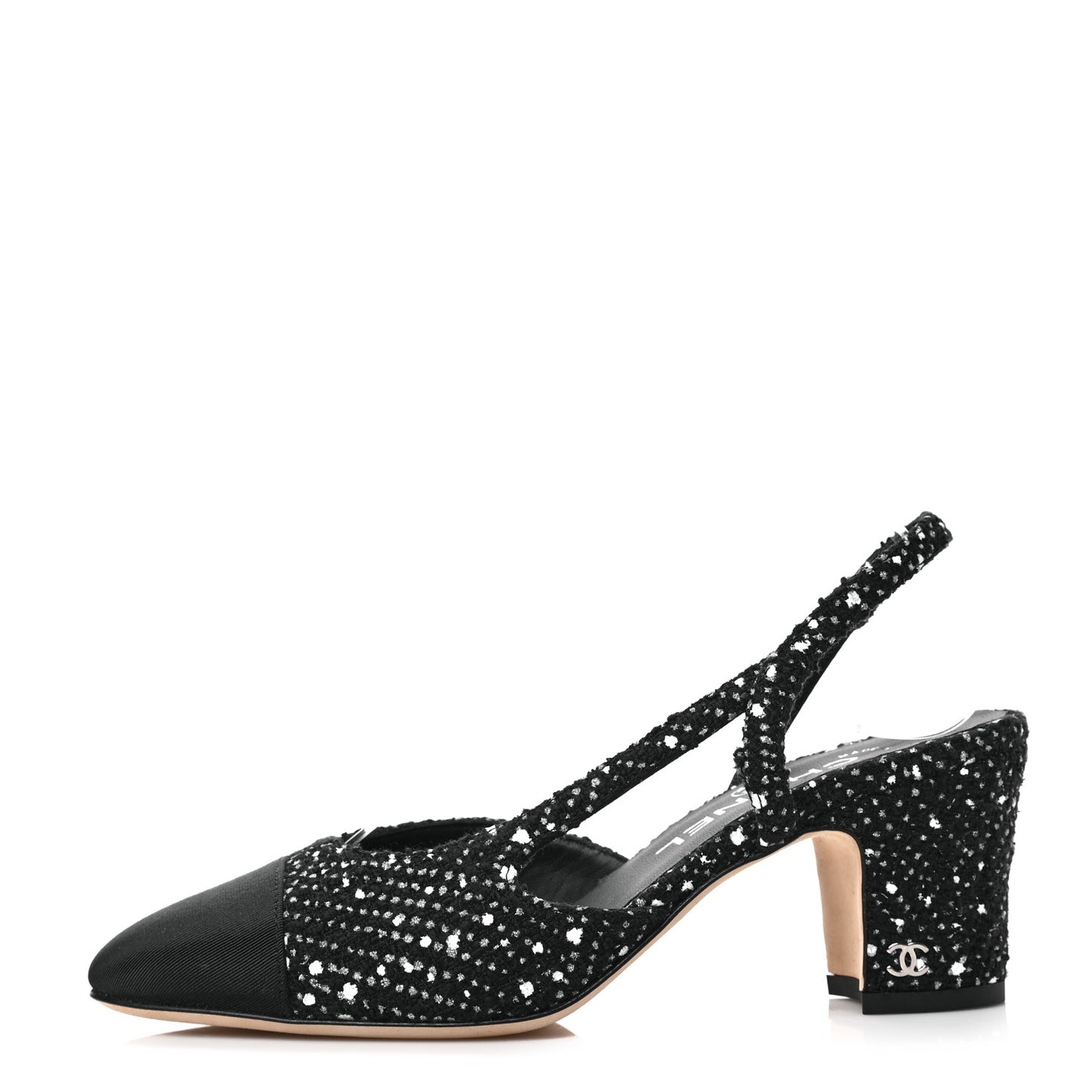 Tweed Grosgrain Cap Toe CC Slingback Pumps 36 Black White