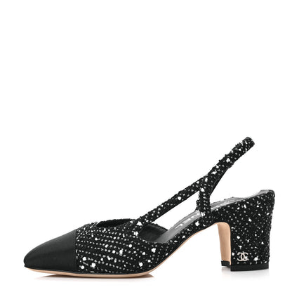 Chanel Tweed Grosgrain Cap Toe CC Slingback Pumps 36 Black White 1 of 7