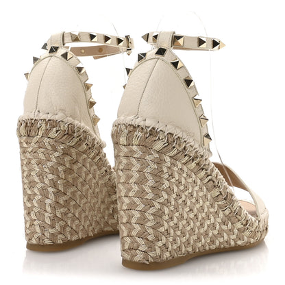 Valentino Garavani Grained Calfskin Rockstud Ankle Strap Espadrille 15/105mm Wedge Sandals 38 Light Ivory Natural 5 of 8
