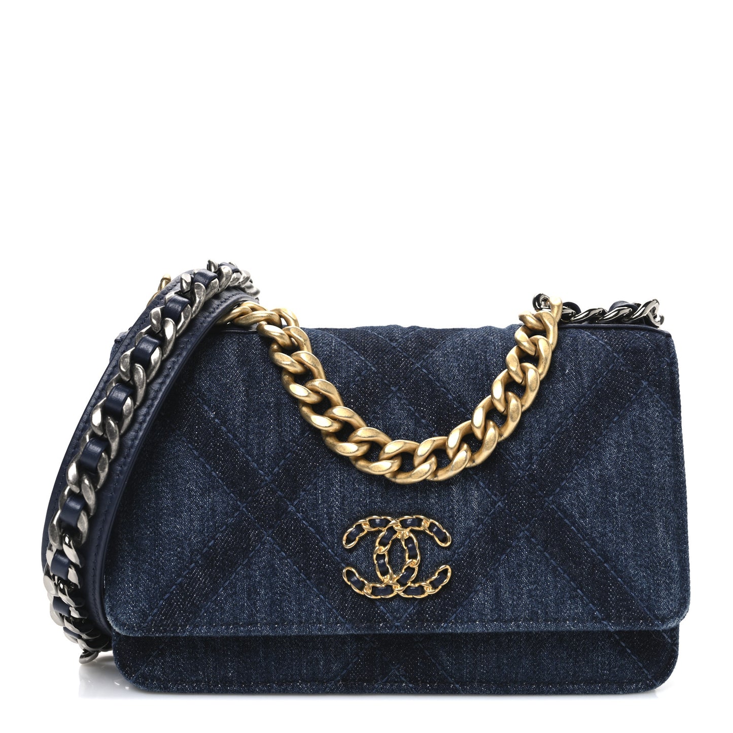 Denim Quilted Chanel 19 Wallet On Chain WOC Blue
