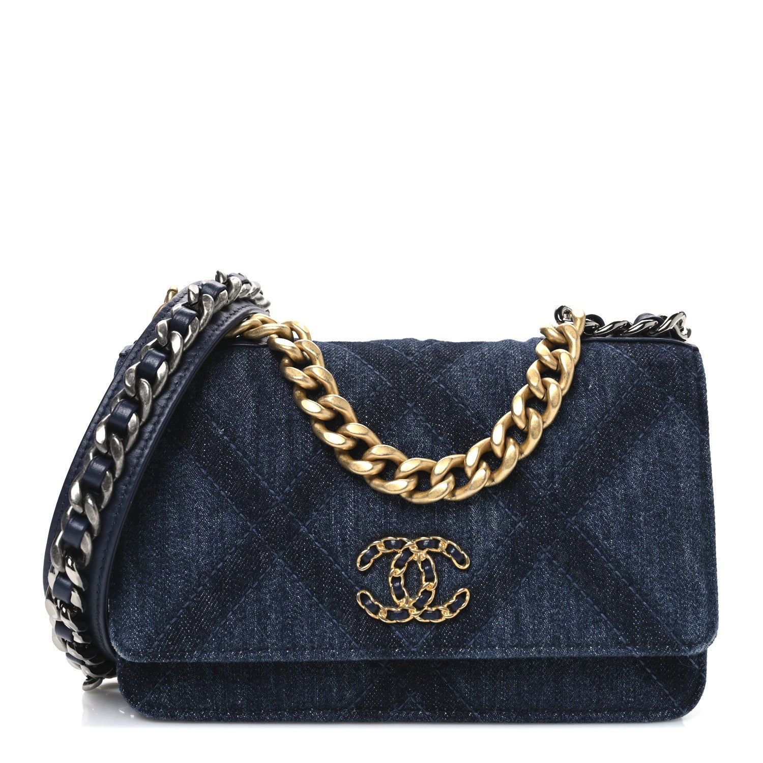 Chanel Denim Quilted Chanel 19 Wallet On Chain WOC Blue 1 of 9