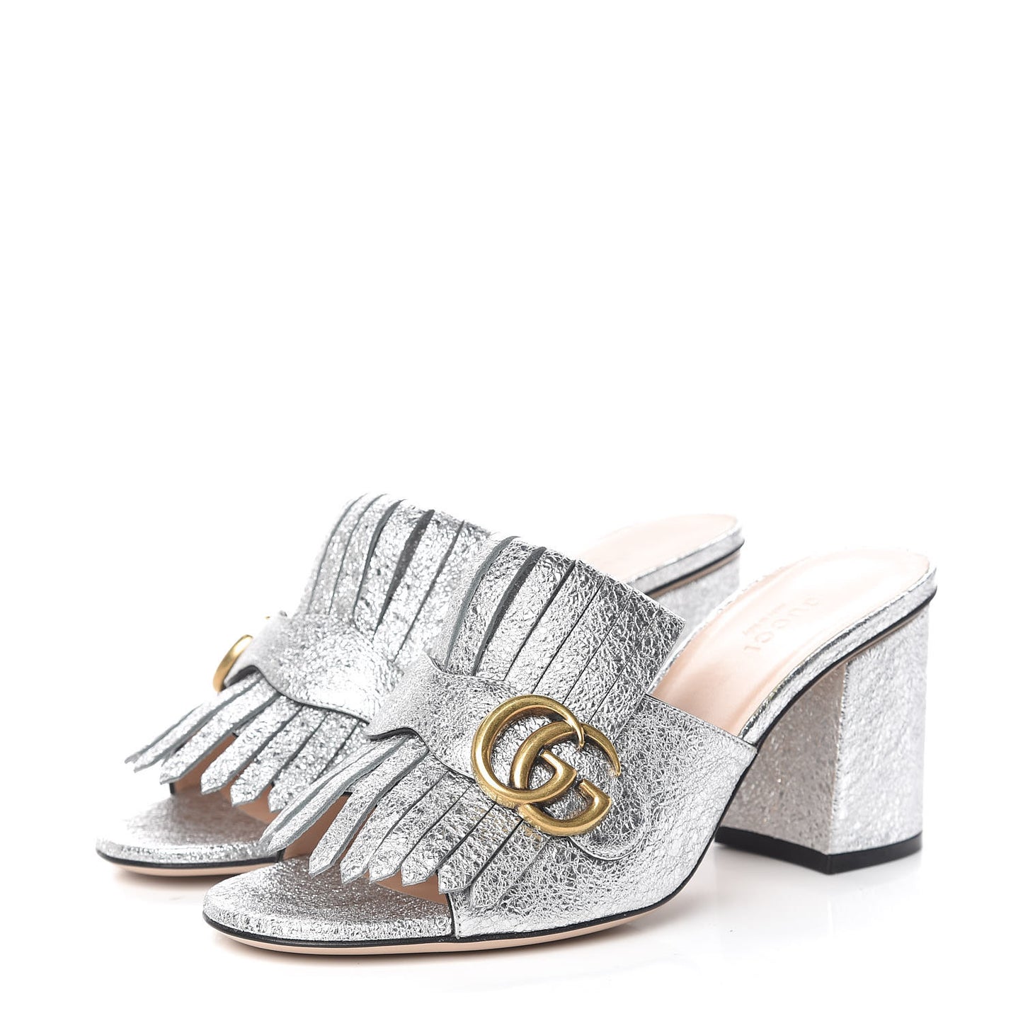 Galassia GG Marmont Fringe 75mm Slide Sandals 37.5 Argento