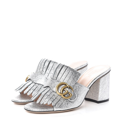 Gucci Galassia GG Marmont Fringe 75mm Slide Sandals 37.5 Argento 3 of 8