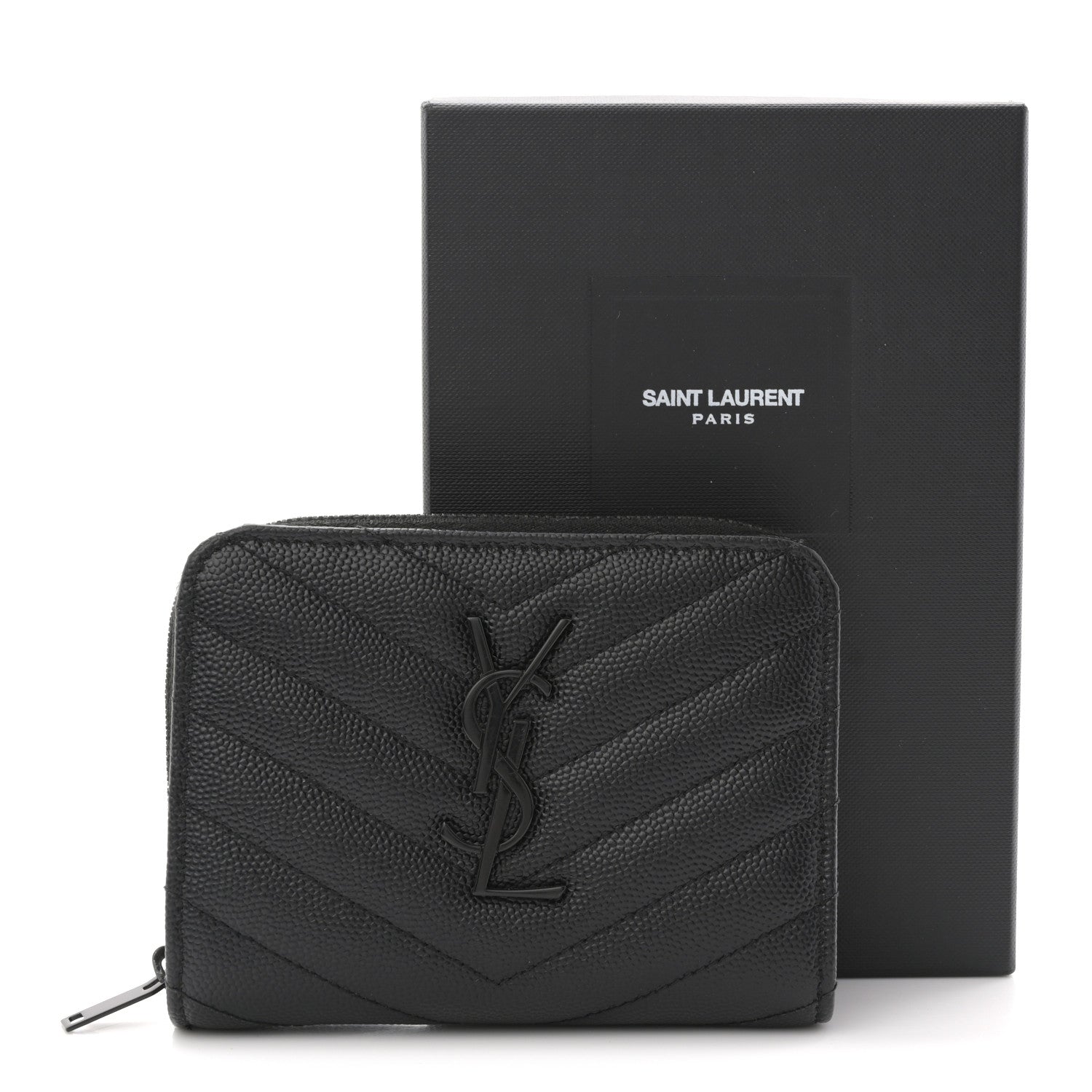 Saint Laurent Grain De Poudre Matelasse Chevron Monogram Monochrome Compact Zip Around Wallet Black 9 of 9