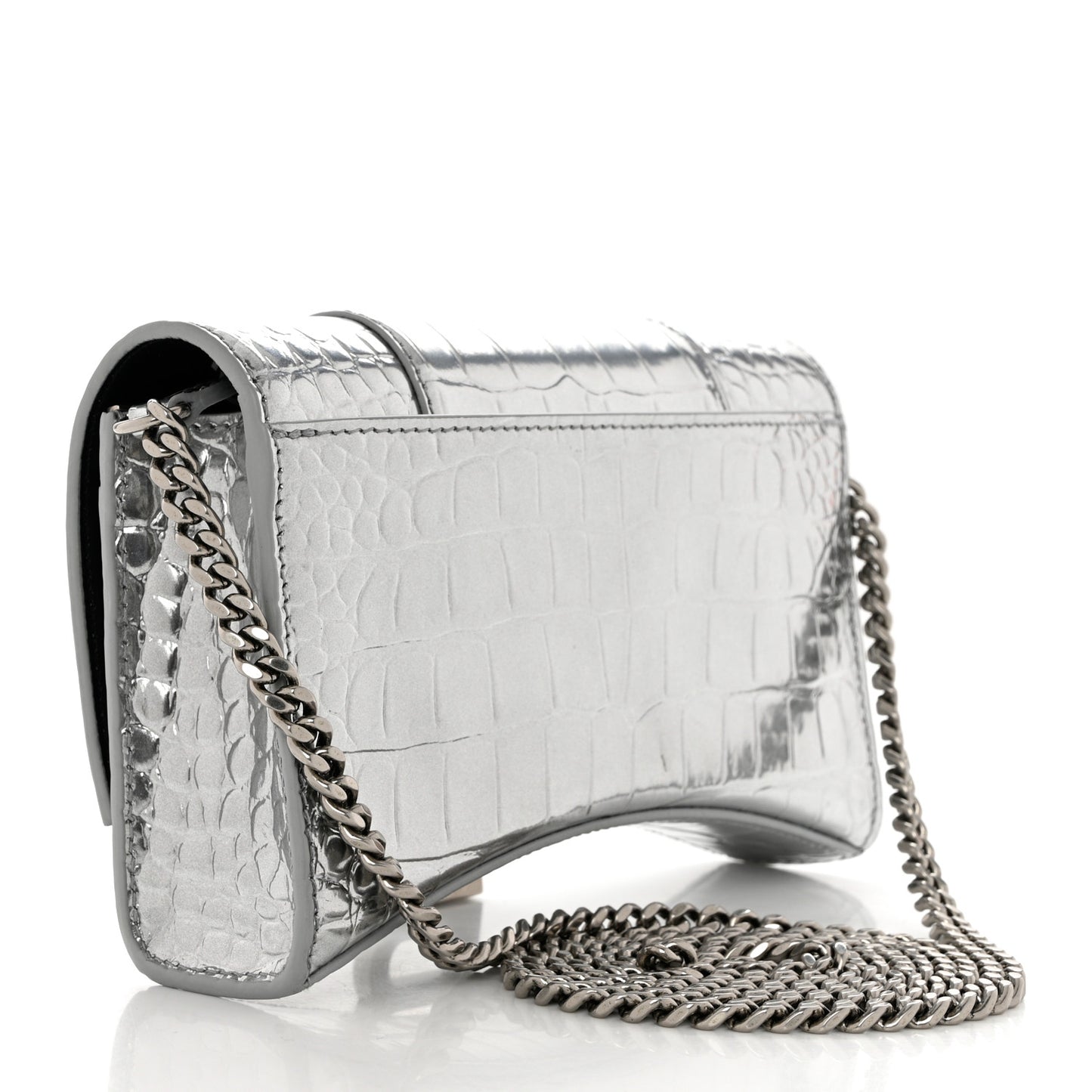 Metallic Calfskin Crocodile Embossed Hourglass Chain Bag Silver
