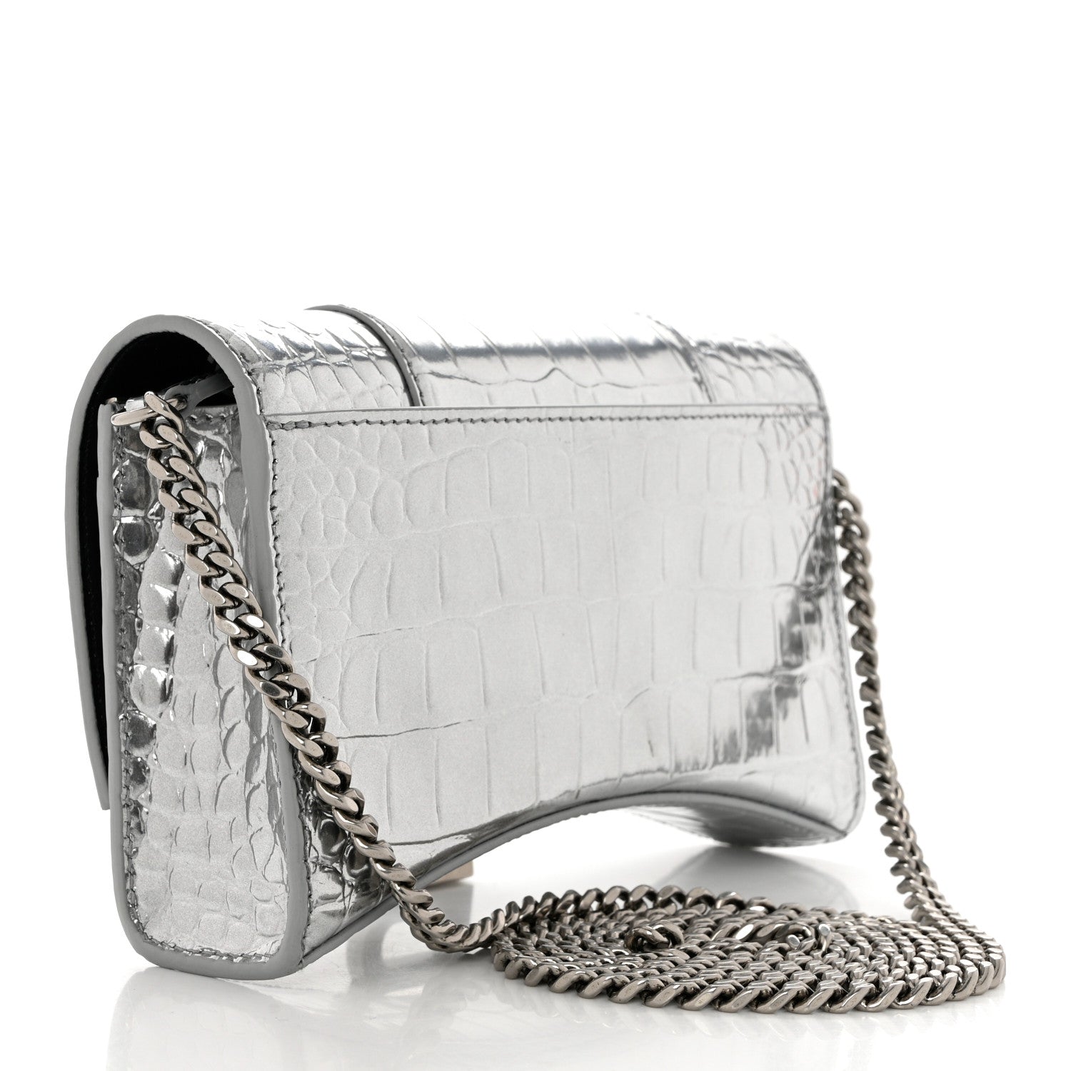 Balenciaga Metallic Calfskin Crocodile Embossed Hourglass Chain Bag Silver 3 of 10