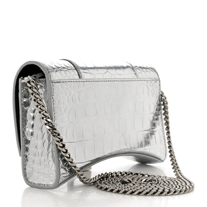 Balenciaga Metallic Calfskin Crocodile Embossed Hourglass Chain Bag Silver 3 of 10