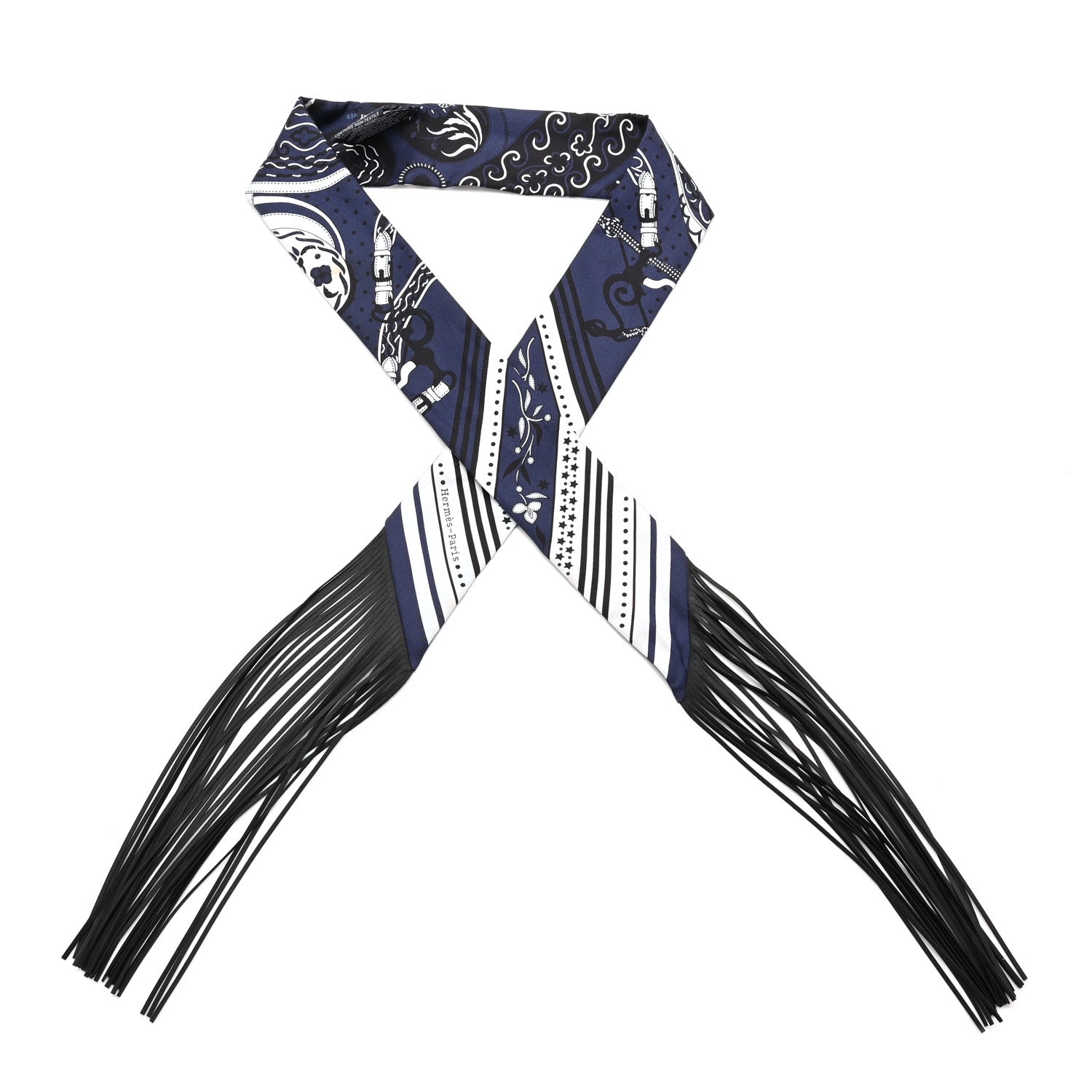 Hermes Silk Festival Des Amazones Bandana Fringed Twilly Bleu Black 1 of 5