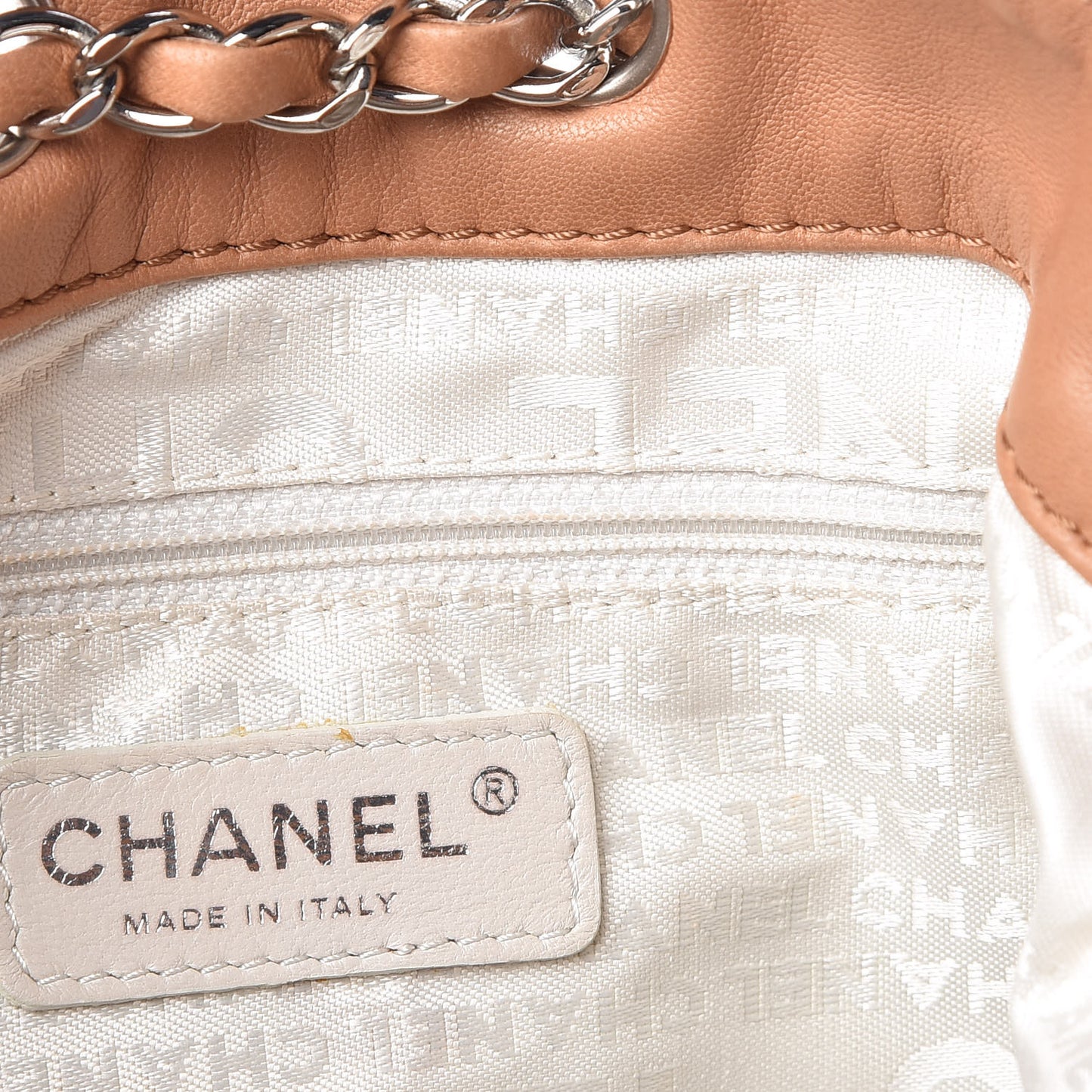 Lambskin Contrast Stitch Small Drawstring Tote Camel