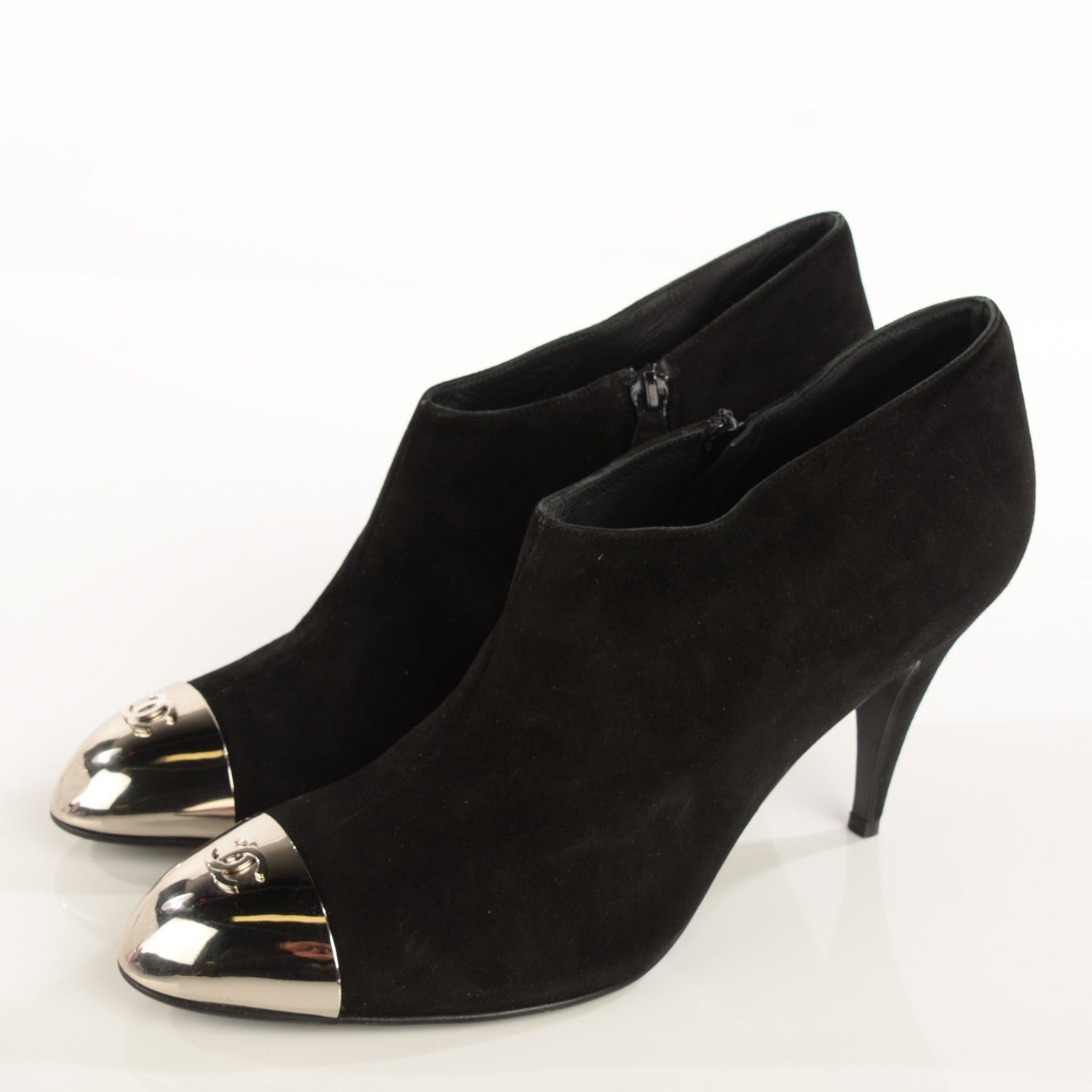 Chanel Suede CC Silver Cap Toe Ankle Boots 41 Black 3 of 7