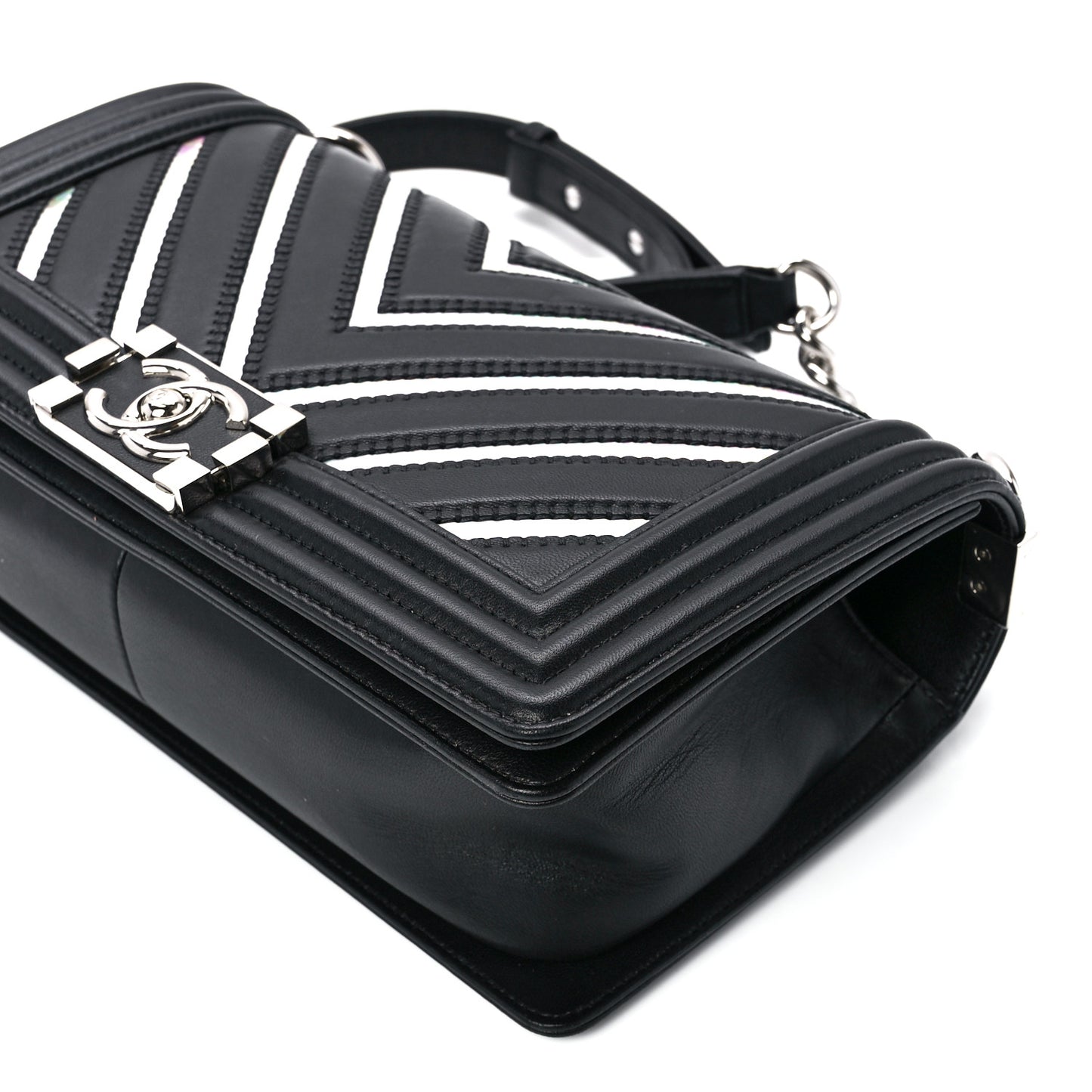 Lambskin Iridescent PVC Chevron Quilted Medium Boy Flap Black Silver