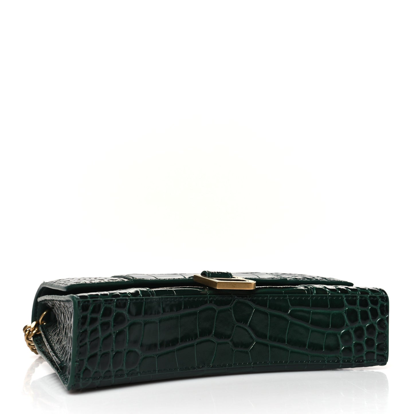 Shiny Calfskin Crocodile Embossed Small Hourglass Evening Chain Bag Forest Green