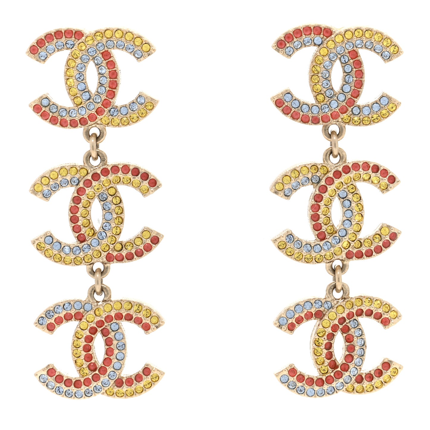 Metal Crystal CC Triple Drop Earrings Gold Multicolor