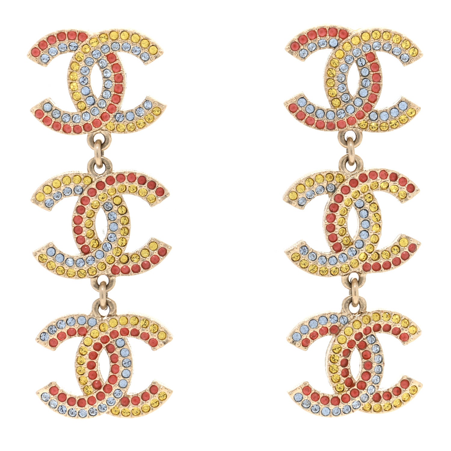 Chanel Metal Crystal CC Triple Drop Earrings Gold Multicolor 1 of 5